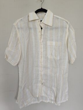 Stanza Button Up Shirt Mens 15.5 Neck Linen Striped Cream White